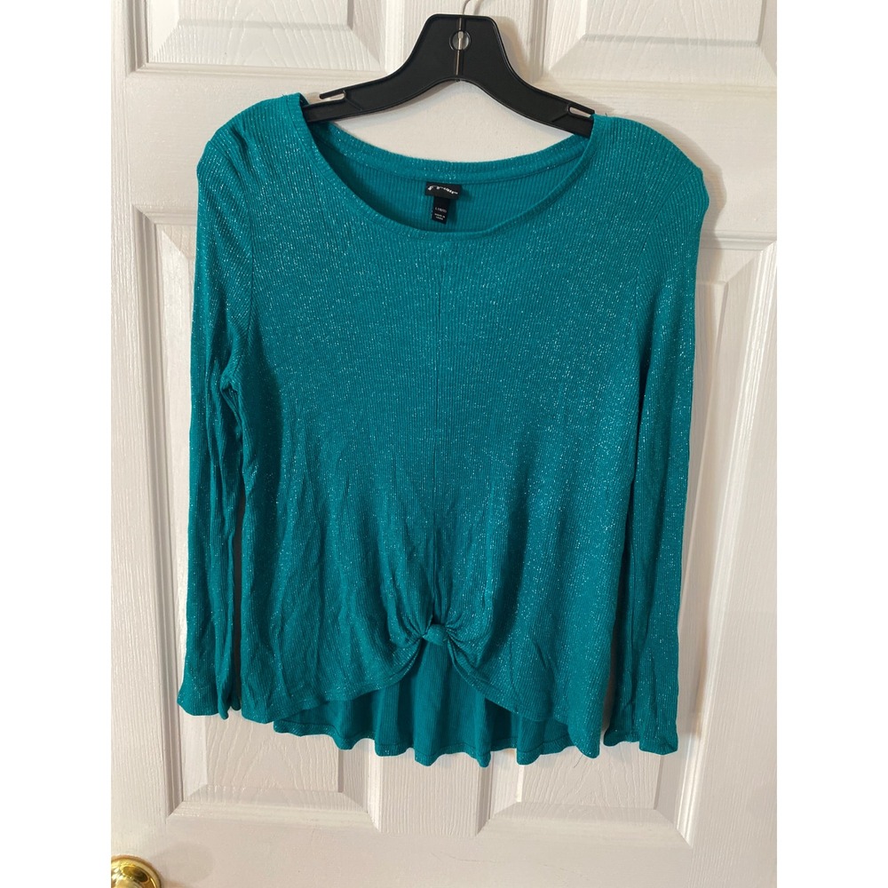 Art Class Girls TealBlueMetallic Shimmer Front KnotRibbed LongSleeve Top L 10/12